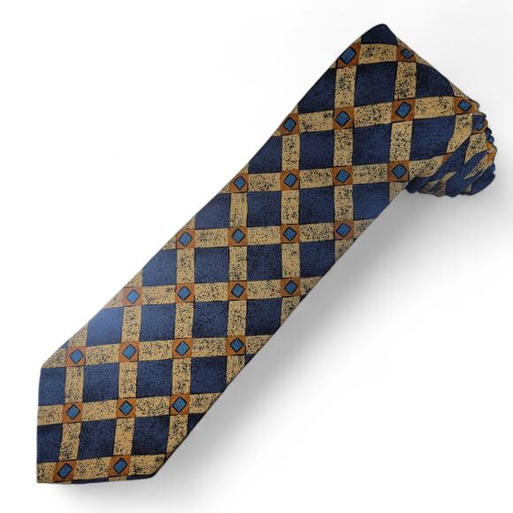 Brooks Brothers Makers Geometric Tie Blue and‎ Gold Silk Made in USA 57" x 3.75" - Picture 1 of 8